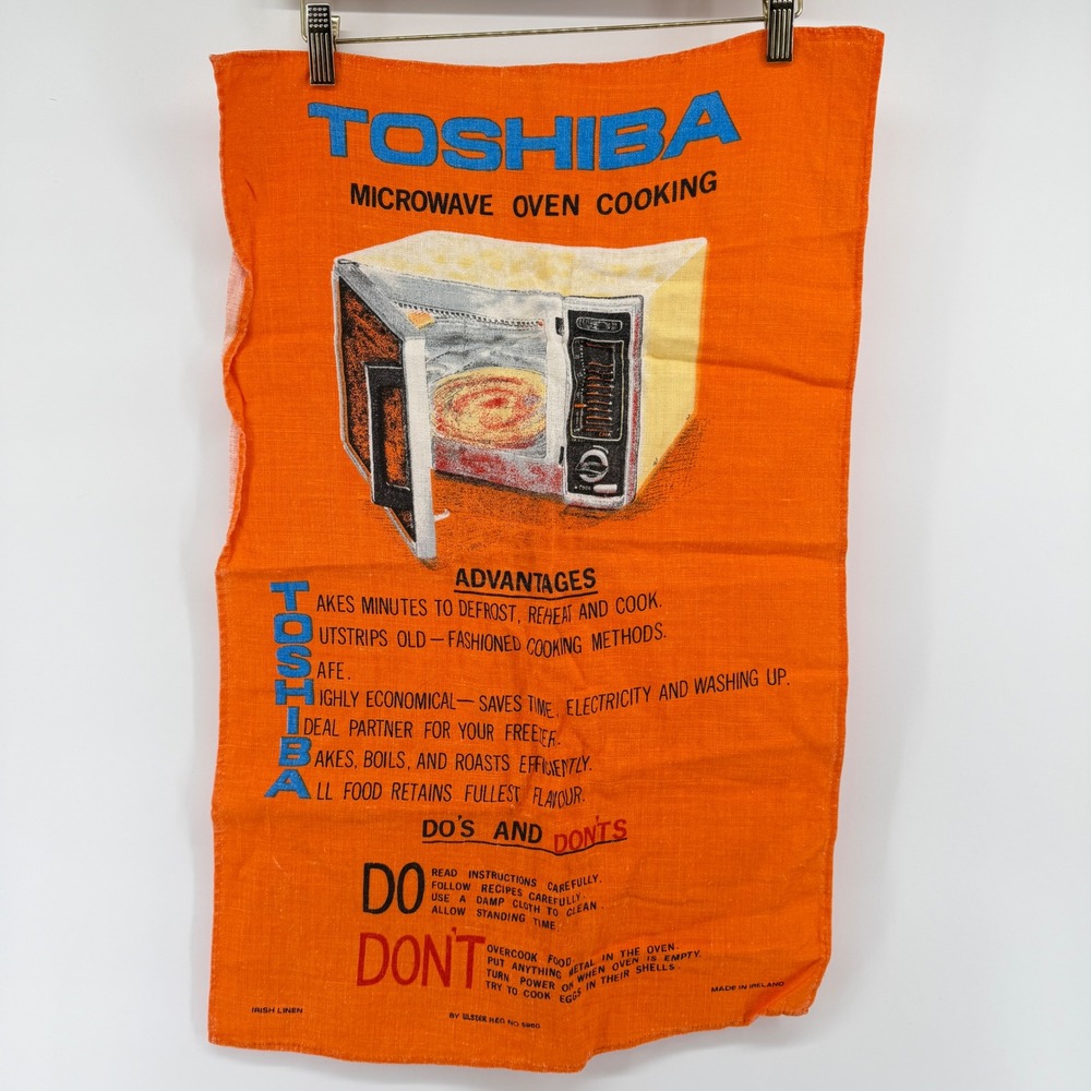 Vintage Toshiba Microwave Oven Cooking Irish Linen Tea Towel Orange Ulster 1970s